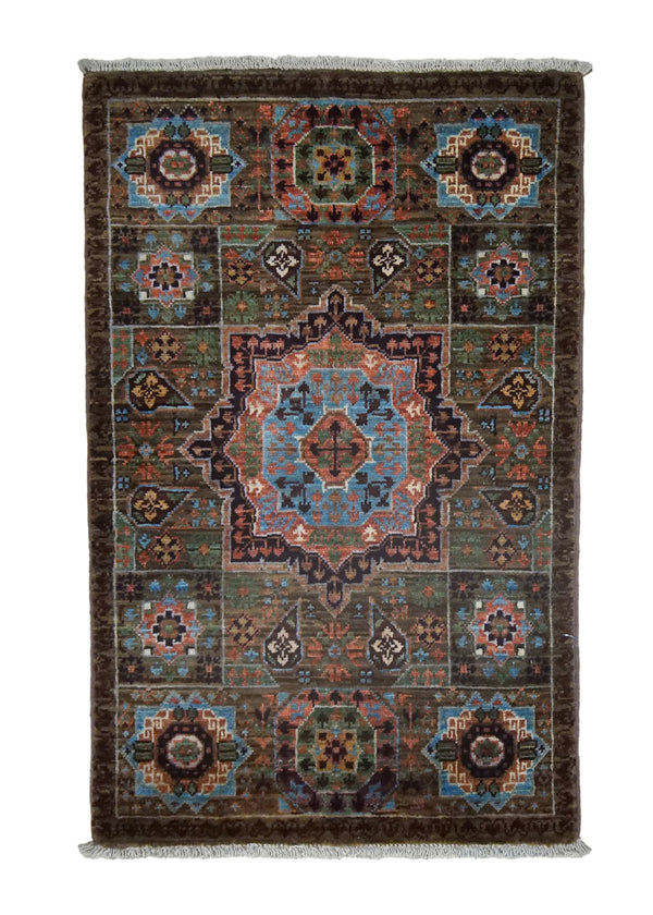 A34700 Oriental Rug Pakistani Handmade Area Transitional Tribal 1'11'' x 3'0'' -2x3- Green Blue Mamluk Design