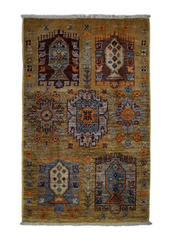 A34702 Oriental Rug Pakistani Handmade Area Transitional Tribal 1'10'' x 2'11'' -2x3- Yellow Gold Blue Geometric Design