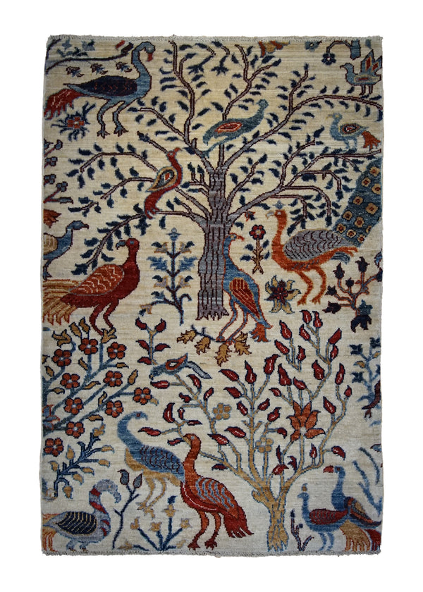 A34705 Oriental Rug Pakistani Handmade Area Transitional Tribal 2'9'' x 4'1'' -3x4- Whites Beige Tree of Life Animals Gabbeh Design