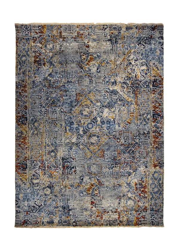 A34720 Oriental Rug Indian Handmade Area Modern 9'1'' x 12'2'' -9x12- Blue Yellow Gold Abstract Erased Design