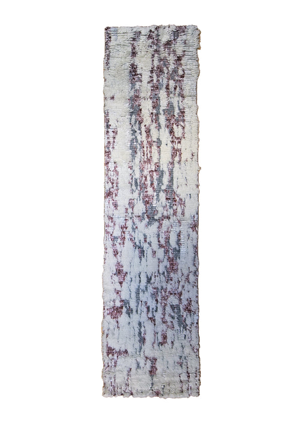 A34739 Oriental Rug Indian Handmade Runner Modern 2'6'' x 10'0'' -3x10- Whites Beige Red Wavy Edge Shag Abstract Splatter Design