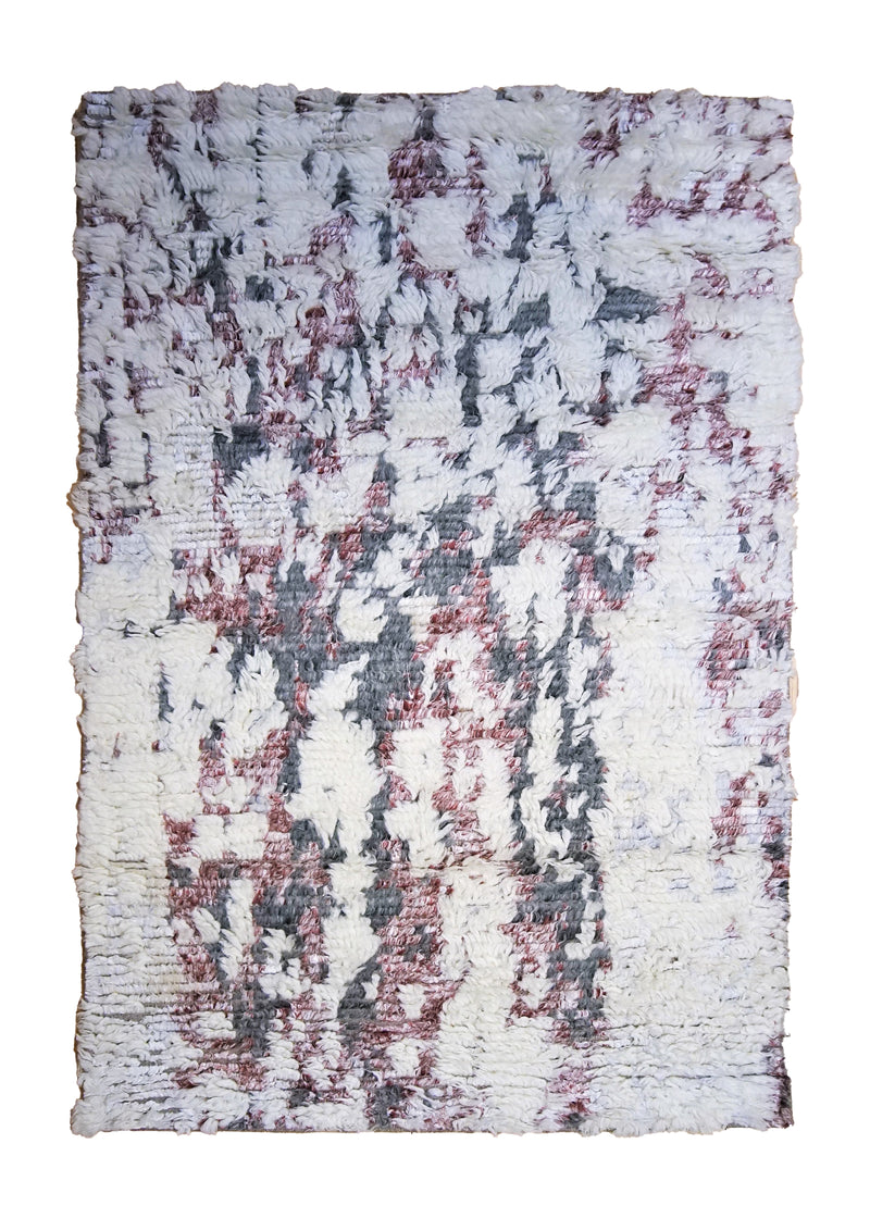 A34740 Oriental Rug Indian Handmade Area Modern 3'6'' x 5'6'' -4x6- Whites Beige Red Wavy Edge Shag Abstract Splatter Design