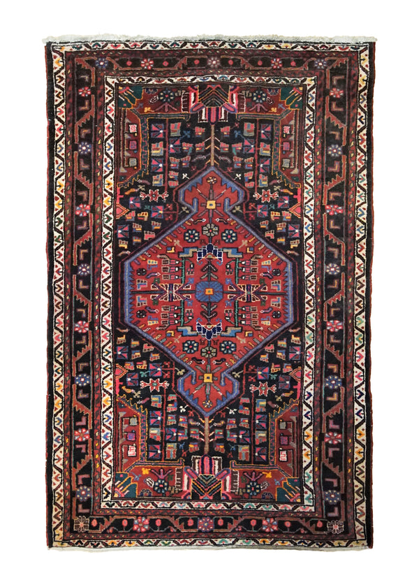 A34788 Persian Rug Nahavand Handmade Area Tribal 4'3'' x 6'8'' -4x7- Red Blue Geometric Design
