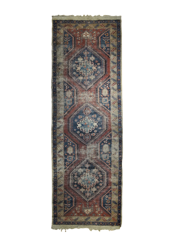 A34789 Persian Rug Saraband Handmade Runner Antique Tribal 3'8'' x 11'5'' -4x11- Blue Red Distressed Geometric Design