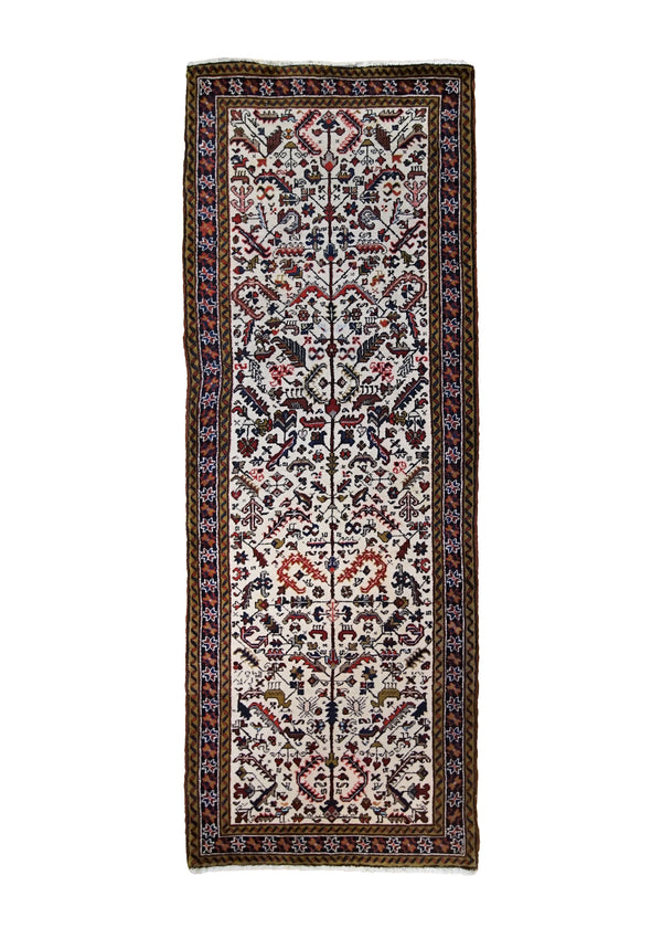 A34791 Persian Rug Heriz Handmade Runner Tribal 3'6'' x 9'9'' -4x10- Whites Beige Green Geometric Design