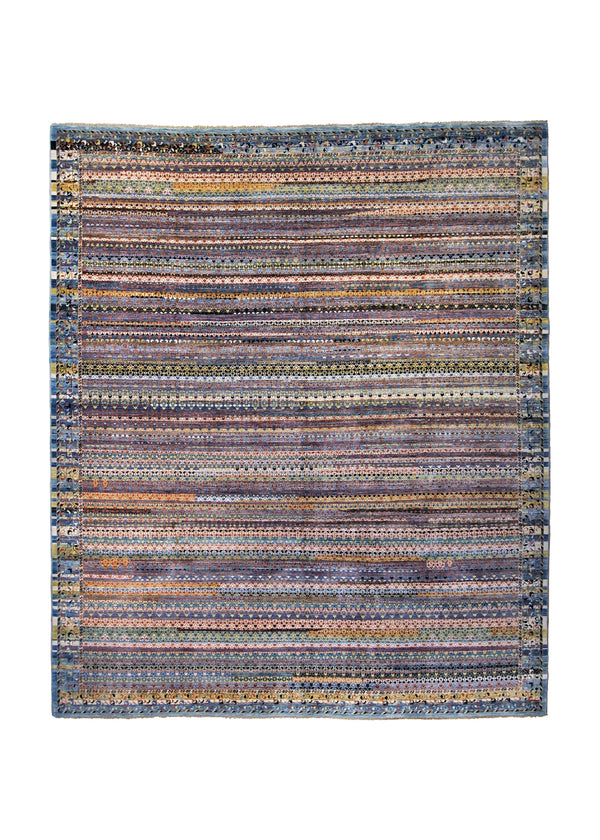 A34830 Oriental Rug Pakistani Handmade Area Modern 8'5'' x 9'10'' -8x10- Blue Multi-color Stripes Gabbeh Design
