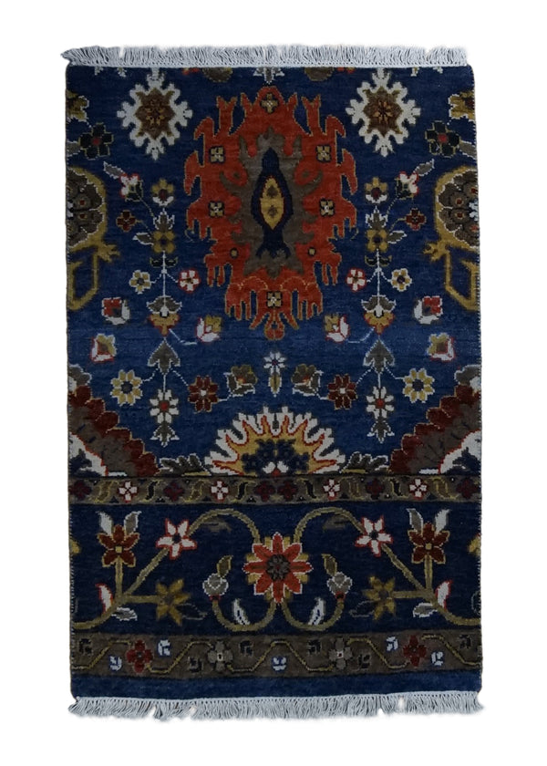 A34843 Oriental Rug Indian Handmade Area Traditional 2'0'' x 3'1'' -2x3- Blue Floral Partition Design