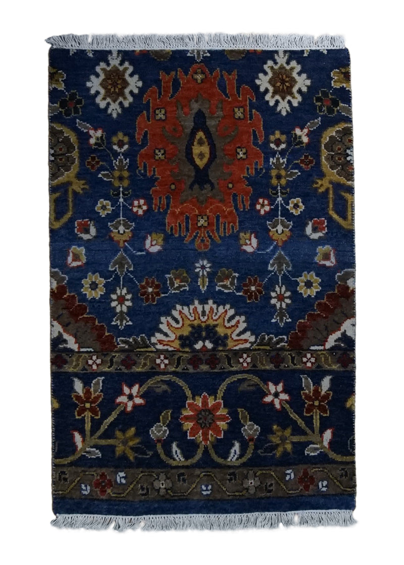 A34843 Oriental Rug Indian Handmade Area Traditional 2'0'' x 3'1'' -2x3- Blue Floral Partition Design