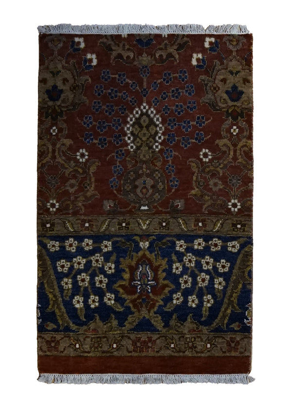 A34848 Oriental Rug Indian Handmade Area Transitional 2'0'' x 3'2'' -2x3- Red Floral Partition Design