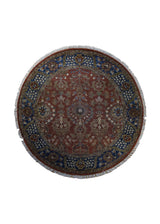 A34850 Oriental Rug Indian Handmade Round Traditional 4'0'' x 4'0'' -4x4- Red Blue Floral Design