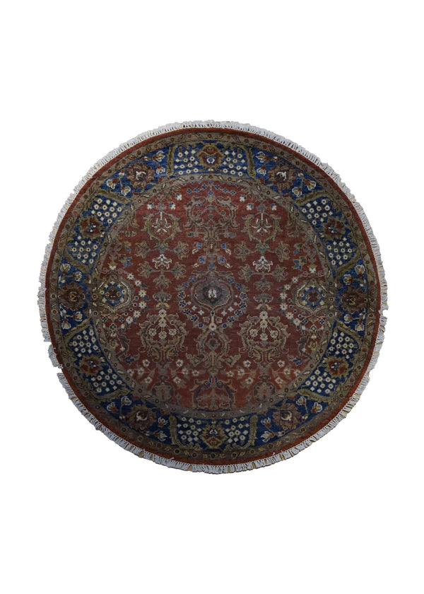 A34850 Oriental Rug Indian Handmade Round Traditional 4'0'' x 4'0'' -4x4- Red Blue Floral Design