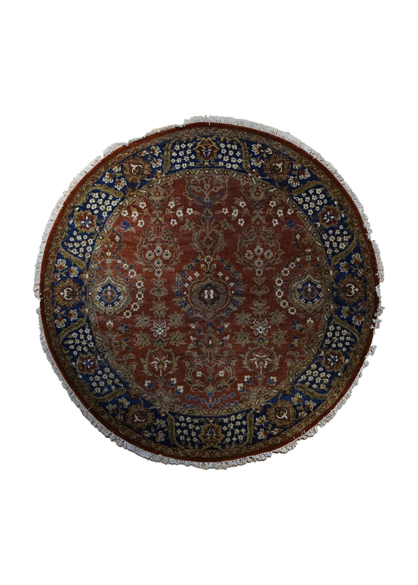 A34851 Oriental Rug Indian Handmade Round Traditional 5'2'' x 5'2'' -5x5- Red Blue Floral Design