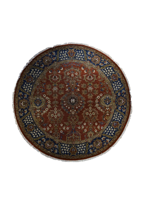 A34852 Oriental Rug Indian Handmade Round Traditional 5'12'' x 6'0'' -6x6- Red Blue Floral Design