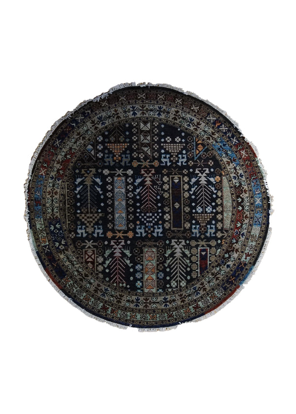A34854 Oriental Rug Indian Handmade Round Transitional Tribal 5'1'' x 5'1'' -5x5- Blue Geometric Animals Design