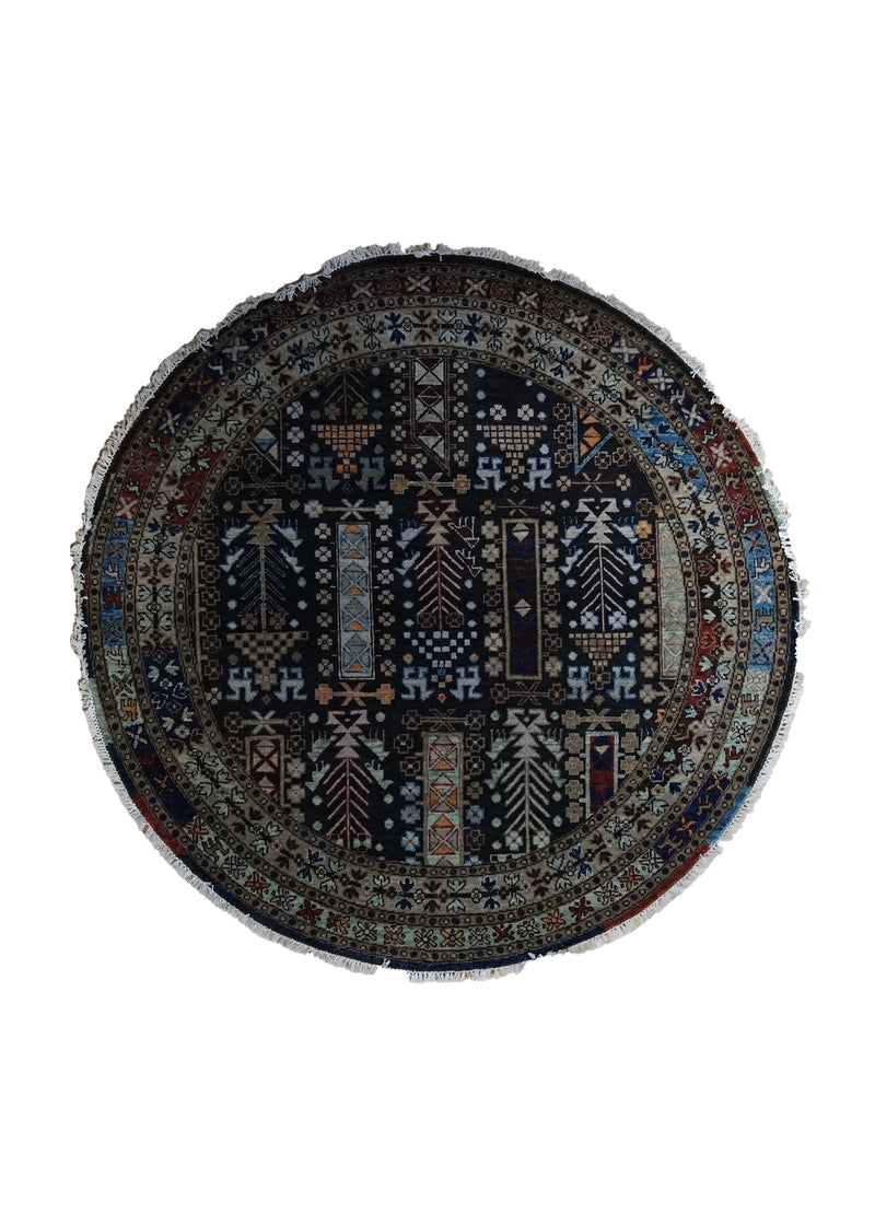 A34854 Oriental Rug Indian Handmade Round Transitional Tribal 5'1'' x 5'1'' -5x5- Blue Geometric Animals Design