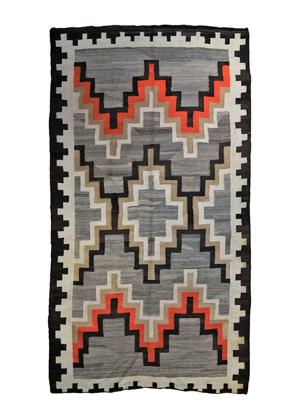 A34879 Native American Rug Navajo Handmade Area Antique Tribal 4'3'' x 7'11'' -4x8- Gray Black Orange Geometric Design