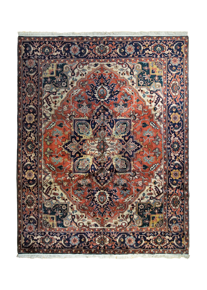 A34888 Oriental Rug Indian Handmade Area Transitional Tribal 7'11'' x 10'3'' -8x10- Red Blue Geometric Heriz Design