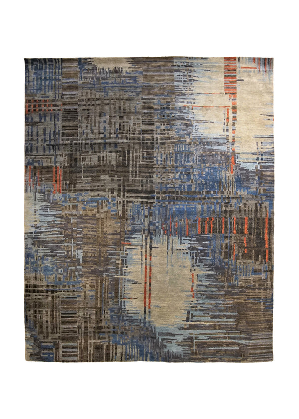 A34894 Oriental Rug Indian Handmade Area Modern 7'12'' x 10'0'' -8x10- Blue Brown Orange Abstract Lattice Design