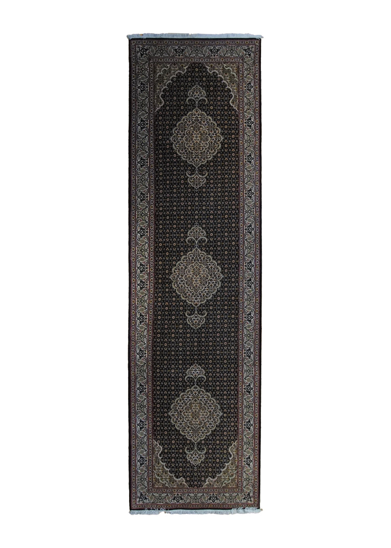 A34906 Persian Rug Tabriz Handmade Runner Traditional 2'8'' x 9'10'' -3x10- Green Blue Mahi Fish Design