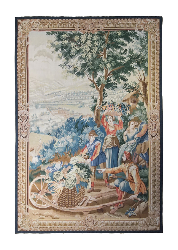 A34909 Oriental Rug Chinese Handmade Area Traditional 5'1'' x 7'5'' -5x7- Whites Beige Blue Tapestry Pictorial Design