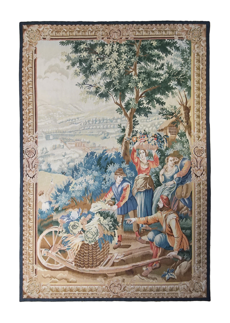 A34909 Oriental Rug Chinese Handmade Area Traditional 5'1'' x 7'5'' -5x7- Whites Beige Blue Tapestry Pictorial Design