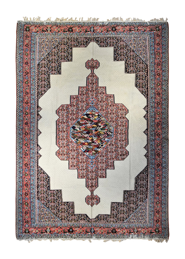 A34920 Persian Rug Senneh Handmade Area Tribal Vintage 9'3'' x 11'5'' -9x11- Whites Beige Blue Pink Kilim Open Field Geometric Design
