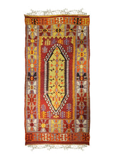 A34922 Oriental Rug Turkish Handmade Runner Tribal Vintage 4'10'' x 9'9'' -5x10- Red Yellow Gold Kilim Geometric Design