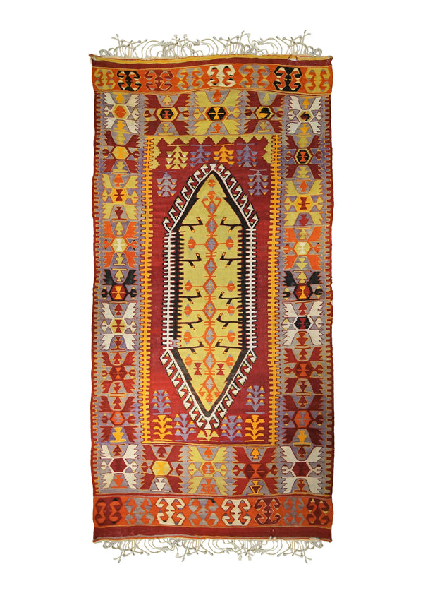 A34922 Oriental Rug Turkish Handmade Runner Tribal Vintage 4'10'' x 9'9'' -5x10- Red Yellow Gold Kilim Geometric Design