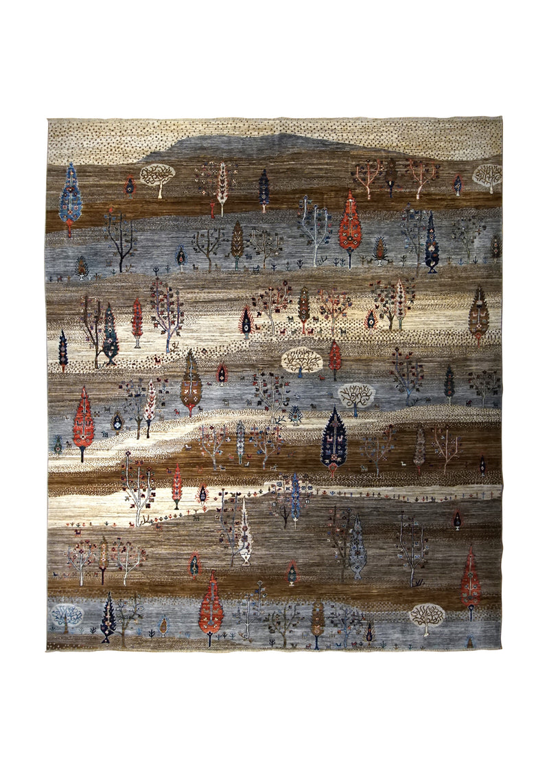 A34969 Oriental Rug Pakistani Handmade Area Transitional Tribal 8'3'' x 9'7'' -8x10- Brown Blue Geometric Tree of Life Gabbeh Design