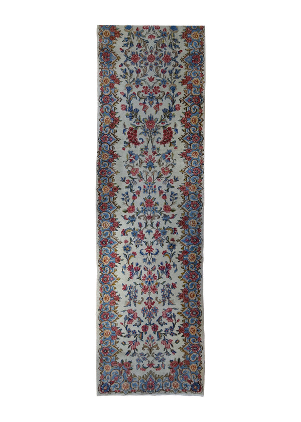 A34997 Persian Rug Kerman Handmade Runner Traditional 2'5'' x 16'2'' -2x16- Whites Beige Blue Floral Design