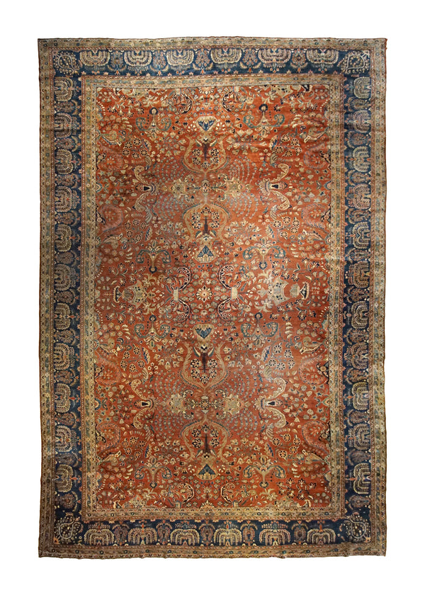 A35007 Persian Rug Sarouk Handmade Area Antique Traditional 10'8'' x 16'1'' -11x16- Red Blue Floral Cypress Tree Design