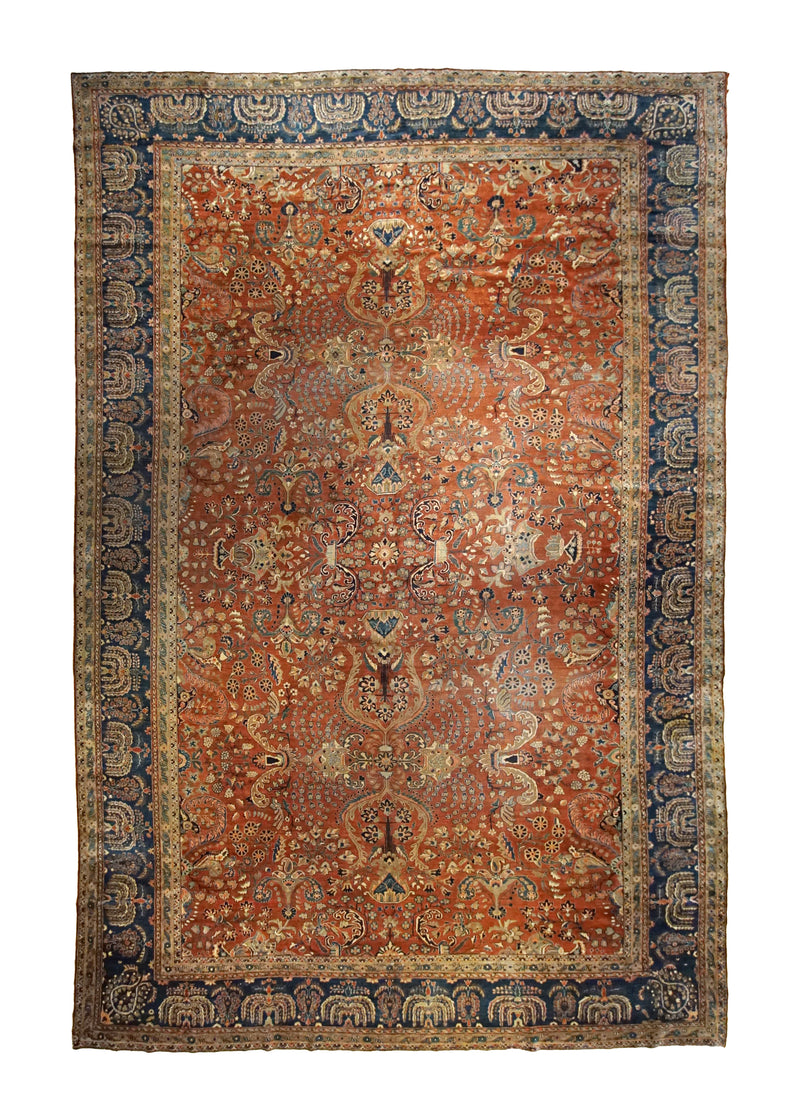A35007 Persian Rug Sarouk Handmade Area Antique Traditional 10'8'' x 16'1'' -11x16- Red Blue Floral Cypress Tree Design