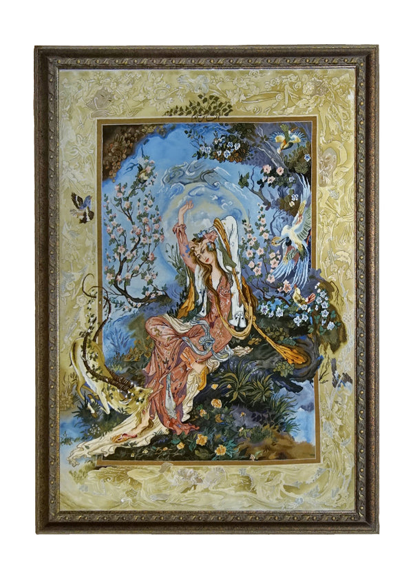 A35023 Persian Rug Tabriz Handmade Area Traditional 3'3'' x 4'11'' -3x5- Blue Yellow Gold Pictorial Design