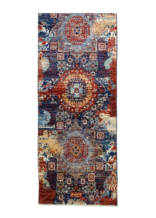 A35045 Oriental Rug Pakistani Handmade Runner Transitional Tribal 2'4'' x 23'1'' -2x23- Red Blue Mamluk Erased Design