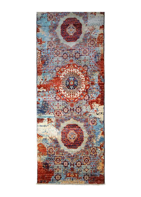 A35046 Oriental Rug Pakistani Handmade Runner Transitional Tribal 2'4'' x 23'1'' -2x23- Red Blue Mamluk Erased Design