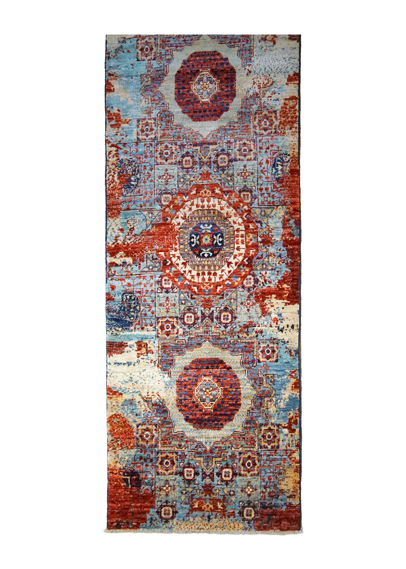 A35046 Oriental Rug Pakistani Handmade Runner Transitional Tribal 2'4'' x 23'1'' -2x23- Red Blue Mamluk Erased Design