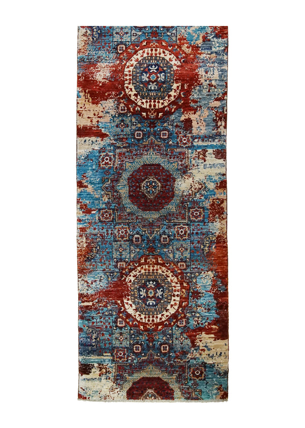 A35047 Oriental Rug Pakistani Handmade Runner Transitional Tribal 2'6'' x 24'5'' -3x24- Red Blue Mamluk Erased Design