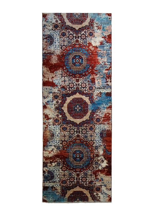 A35048 Oriental Rug Pakistani Handmade Runner Transitional Tribal 2'7'' x 24'4'' -3x24- Red Blue Mamluk Erased Design