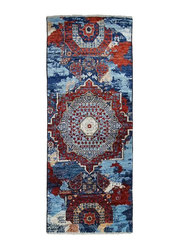 A35049 Oriental Rug Pakistani Handmade Runner Transitional Tribal 2'0'' x 5'0'' -2x5- Red Blue Mamluk Erased Design