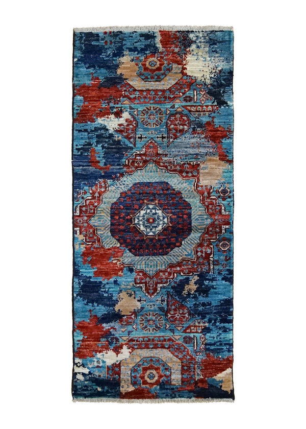 A35050 Oriental Rug Pakistani Handmade Runner Transitional Tribal 2'1'' x 4'9'' -2x5- Blue Mamluk Erased Design