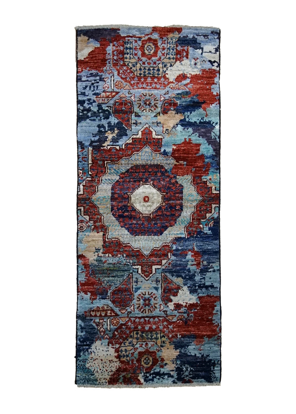 A35051 Oriental Rug Pakistani Handmade Runner Transitional Tribal 2'0'' x 4'10'' -2x5- Red Blue Mamluk Erased Design