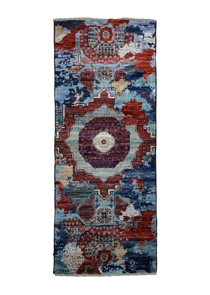 A35051 Oriental Rug Pakistani Handmade Runner Transitional Tribal 2'0'' x 4'10'' -2x5- Red Blue Mamluk Erased Design
