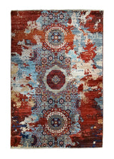 A35052 Oriental Rug Pakistani Handmade Area Transitional Tribal 4'0'' x 6'2'' -4x6- Red Blue Mamluk Erased Design