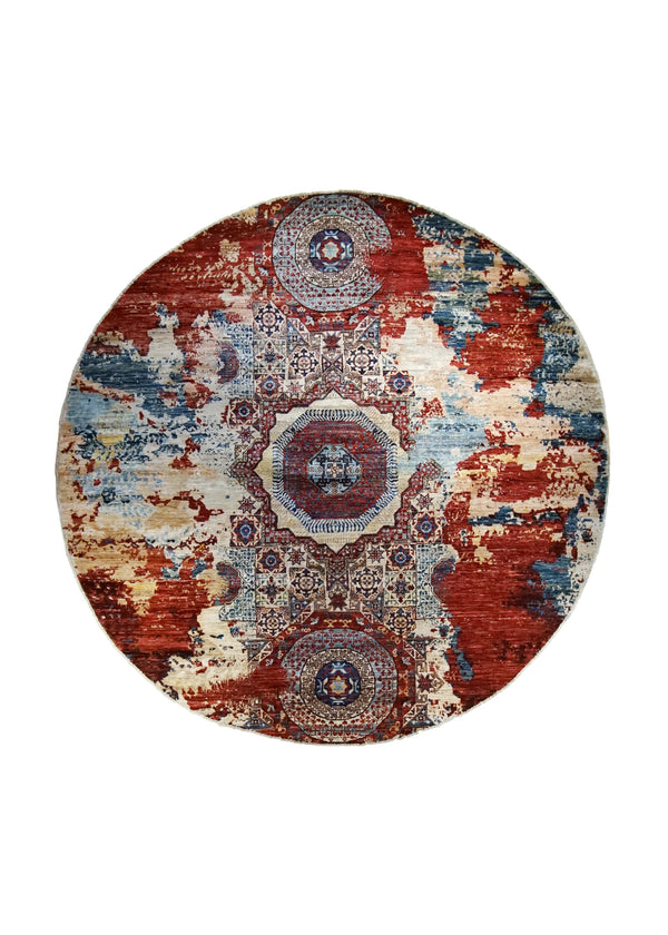 A35061 Oriental Rug Pakistani Handmade Round Transitional Tribal 7'12'' x 8'0'' -8x8- Red Blue Mamluk Erased Design