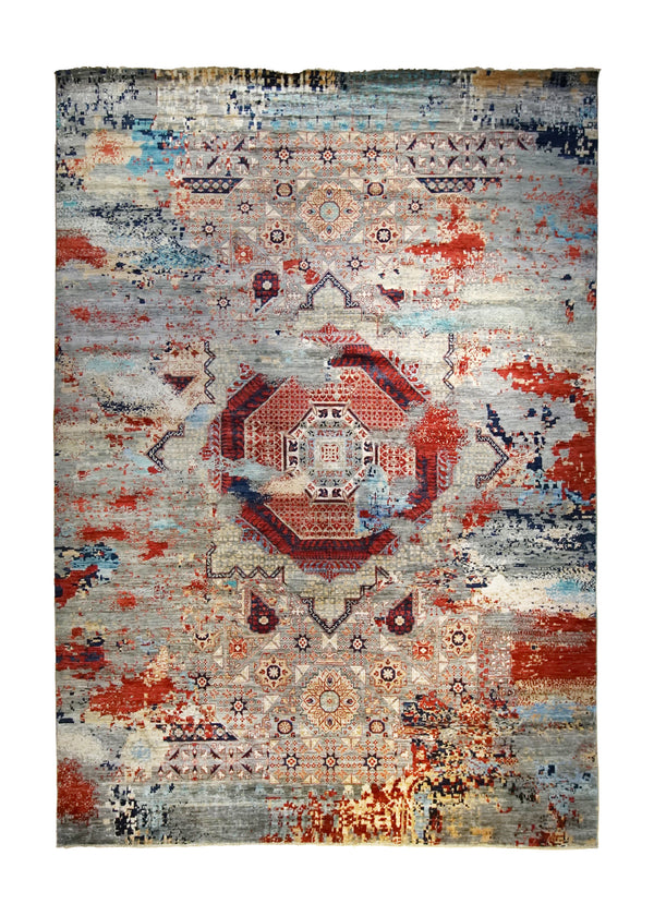 A35063 Oriental Rug Pakistani Handmade Area Transitional Tribal 9'9'' x 13'11'' -10x14- Red Blue Mamluk Erased Design