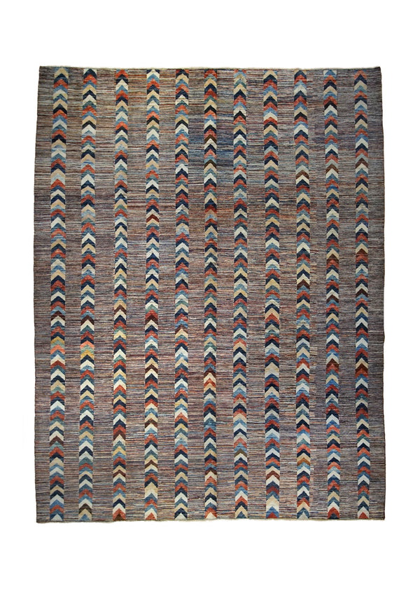 A35074 Oriental Rug Pakistani Handmade Area Transitional Tribal 9'1'' x 11'9'' -9x12- Red Multi-color Stripes Gabbeh Design