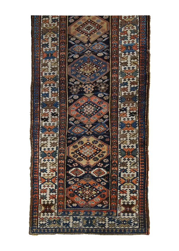 A35086 Persian Rug Kurdistan Handmade Runner Antique Tribal 3'5'' x 12'4'' -3x12- Red Blue Geometric Vintage Design