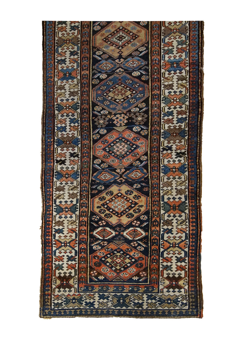 A35086 Persian Rug Kurdistan Handmade Runner Antique Tribal 3'5'' x 12'4'' -3x12- Red Blue Geometric Vintage Design
