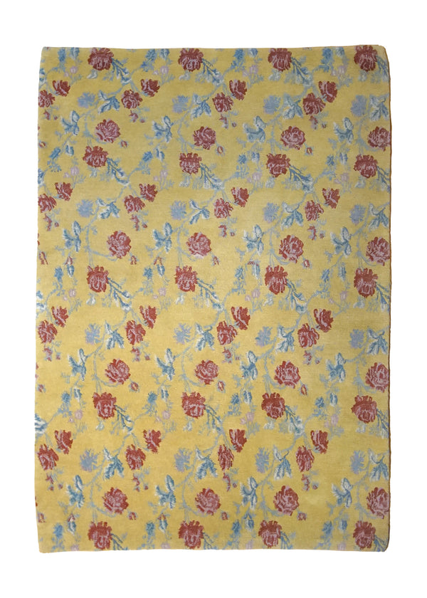 A35092 Oriental Rug Tibetan Handmade Area Transitional 4'1'' x 5'11'' -4x6- Yellow Gold Floral Design