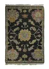 A35162 Oriental Rug Indian Handmade Area Transitional 2'0'' x 3'0'' -2x3- Black Yellow Gold Pink Floral Oushak Design